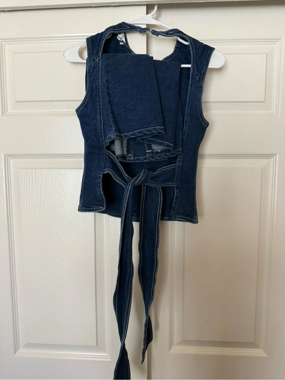 Dark Blue Denim Sleeveless Peplum Top and Skirt Set